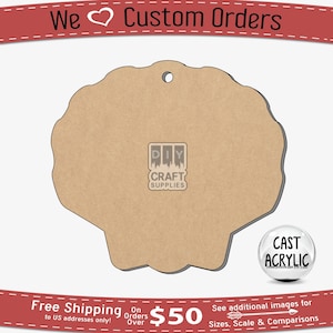 May include: A brown seashell-shaped wooden cutout with a hole at the top for hanging. The cutout is blank and ready to be painted or decorated. The image also includes the text "DIY CRAFT SUPPLIES" and "CAST ACRYLIC".