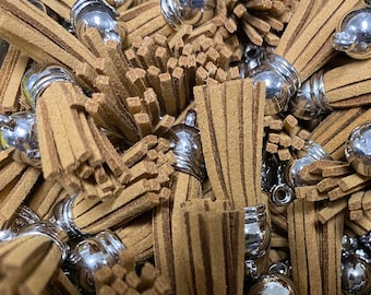 Tan Faux Suede Leather Tassels with Silver Cap (25 pcs, 38mm)