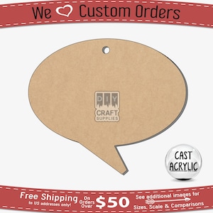 Puede incluir: Una forma de burbuja de diálogo de madera marrón con un agujero en la parte superior. La burbuja de diálogo mide 15 cm de ancho y 10 cm de alto. La burbuja de diálogo está hecha de madera sin terminar y está lista para ser pintada o teñida. La burbuja de diálogo es perfecta para proyectos de manualidades, decoración del hogar y más.