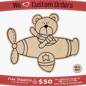 Teddy Bear Flying Airplane - Laser Cut Out Unfinished Wood Shape, Craft Blank, Paintable Wood, Wood Shape Cutout, Paint by Line Wood Shape