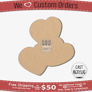 May include: Two brown wooden hearts stacked on top of each other. The hearts are cut out and have a rustic look. The image includes the text "DIY CRAFT SUPPLIES" and "CAST ACRYLIC".