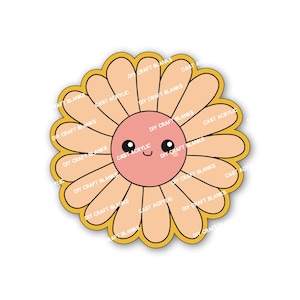 Op de afbeelding: Een gele en perzikkleurige bloem met een glimlachend gezicht. De bloemblaadjes hebben de tekst "DIY Craft Blanks" en "Cast Acrylic" herhaald rond de bloem.