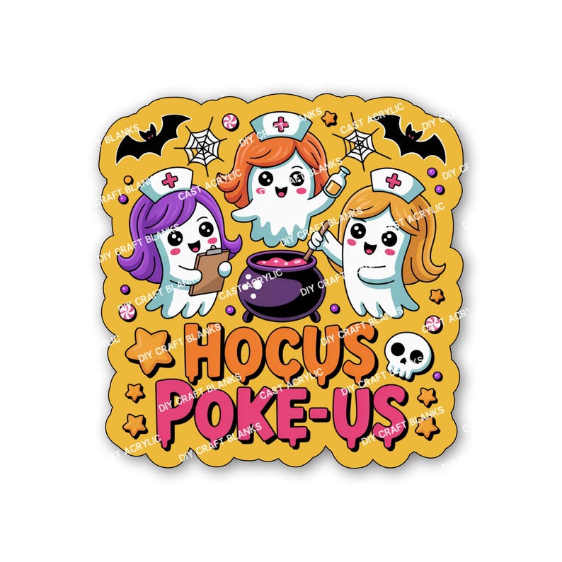 Peut inclure: Graphique sur le th&egrave;me d'Halloween avec trois infirmi&egrave;res fant&ocirc;mes aux couleurs de cheveux diff&eacute;rentes, un chaudron, des chauves-souris et le texte "Hocus Poke-Us" en orange et rose. Le fond est jaune avec des &eacute;toiles et des bonbons.