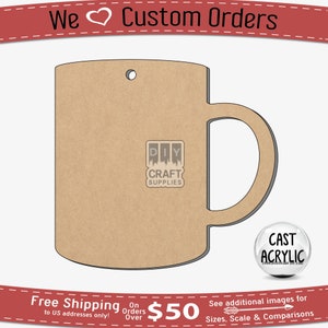 May include: A brown wooden mug shape with a hole at the top for hanging. The mug is outlined in black and has a handle. The mug is on a white background. The text "DIY CRAFT SUPPLIES" is visible in the center of the mug.