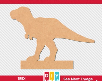 May include: A brown wooden cutout of a Tyrannosaurus Rex dinosaur, labeled "TREX Acrylic Craft Blank". The cutout is 1/16" or 1/8" thick and is made of clear cast acrylic for LED lights. The image includes the text "See Next Image For Sizing".