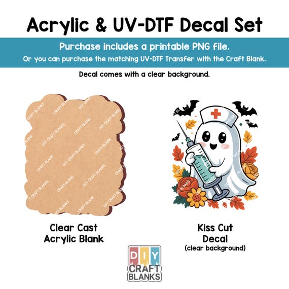 Kawaii Ghost Nurse Acrylic Blank: Crafting, UV-DTF Decal Option (Print-n-Cut PNG)