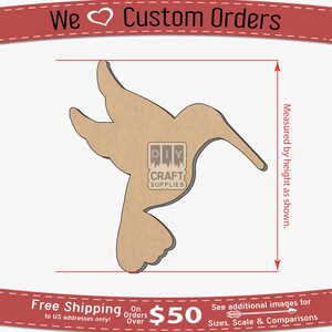 May include: A brown wooden hummingbird cutout with a DIY Craft Supplies logo. The cutout is approximately 6 inches tall and is measured by height as shown.