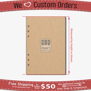 May include: A brown cardboard notebook with a DIY Craft Supplies logo. The notebook has a row of holes on the left side and is measured by height as shown.