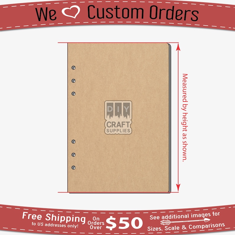 May include: A brown cardboard notebook with a DIY Craft Supplies logo. The notebook has a row of holes on the left side and is measured by height as shown.
