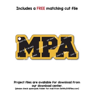 Puede incluir: Un troquel de manualidades en forma de MPA negro y dorado con un pequeño agujero en la parte superior para colgar. El texto "DIY CRAFT BLANKS" y "CAST ACRYLIC" están impresos en los bordes. La imagen incluye el texto "Includes a FREE matching cut file".
