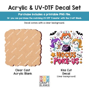 Peut inclure: Un ensemble de d&eacute;calcomanies acryliques et UV-DTF. L'ensemble comprend une &eacute;bauche acrylique transparente et un autocollant d&eacute;coup&eacute; &agrave; la forme avec un fond transparent. Le d&eacute;calque pr&eacute;sente un motif sur le th&egrave;me d'Halloween avec le texte "Hocus Poke-Us".