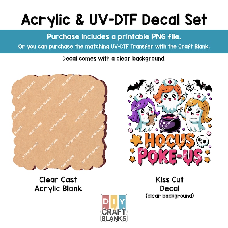 Peut inclure: Un ensemble de d&eacute;calcomanies acryliques et UV-DTF. L'ensemble comprend une &eacute;bauche acrylique transparente et un autocollant d&eacute;coup&eacute; &agrave; la forme avec un fond transparent. Le d&eacute;calque pr&eacute;sente un motif sur le th&egrave;me d'Halloween avec le texte "Hocus Poke-Us".