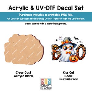 May include: An image showcasing a Halloween-themed acrylic and UV-DTF decal set. The set includes a clear cast acrylic blank and a kiss-cut decal with a clear background. The decal features a ghost wearing sunglasses and a witch hat, holding a pumpkin.