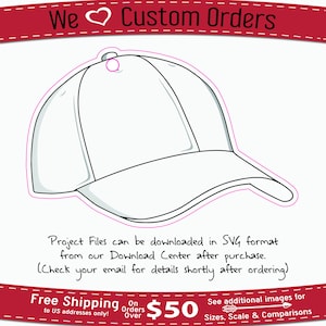 May include: A white baseball cap with a black brim. The cap is blank and ready for customization. Project files can be downloaded in SVG format from our Download Center after purchase. Check your email for details shortly after ordering.