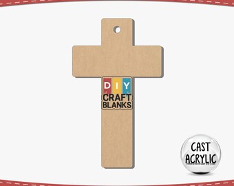 May include: A brown wooden cross shape with a hole at the top for hanging. The cross is blank and ready for crafting. The text "DIY CRAFT BLANKS" is printed on a colorful sticker on the cross.