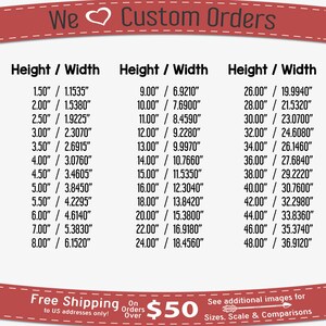 May include: A chart showing custom order sizes for a product, with height and width measurements in inches. The chart shows sizes ranging from 1.50 inches to 48.00 inches in height and 1.1535 inches to 36.9120 inches in width.