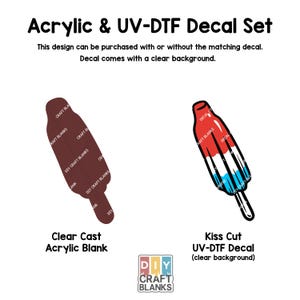 Puede incluir: Un conjunto de dos suministros de artesanía: un blanco de acrílico transparente fundido con forma de paleta y una calcomanía UV-DTF de corte de beso de una paleta roja, blanca y azul. La calcomanía tiene un fondo transparente. El texto "DIY CRAFT BLANKS" está impreso en la parte inferior de la imagen.