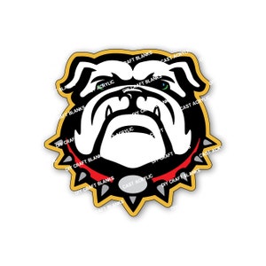 May include: A black and white bulldog head with a red collar and gold spikes. The bulldog has a white face with black eyes and a black nose. The bulldog's mouth is open and its teeth are visible. The bulldog's ears are floppy and its tail is curled. The bulldog is wearing a red collar with gold spikes. The bulldog's head is surrounded by a yellow circle with the text "DIY Craft Blanks" and "Cast Acrylic" repeated around the circle.