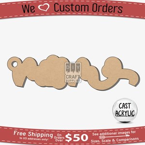 May include: A brown wooden cutout of the word "Mom" with a hole at the top for hanging. The cutout is on a white background. The text "DIY Craft Supplies" is visible in the image.