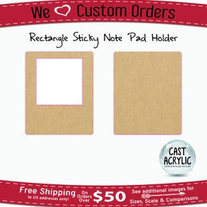 May include: A rectangle-shaped sticky note pad holder made of brown acrylic. The holder has a cutout in the center for the sticky notes. The holder is shown on a white background. Free shipping on orders over $50 to US addresses only.
