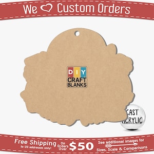 May include: A brown wooden craft blank in the shape of a heart with a hole at the top for hanging. The blank is surrounded by a red, white, and blue banner that says "We ♥ Custom Orders". The blank is also labeled with "DIY CRAFT BLANKS" in a colorful box.