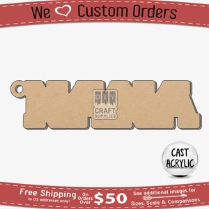 May include: A brown wooden cutout of the word "MAMA" with a small hole at the top left corner. The cutout is on a white background. The text "DIY CRAFT SUPPLIES" is visible in the center of the cutout.