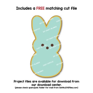 May include: A light blue bunny-shaped outline with a yellow border. The outline is filled with text that says "DIY Craft Blanks", "Cast Acrylic", and "DIY Craft".