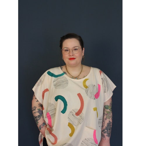 Boxy Linen Tunic, Doodle Print, Hand Painted, Modern, 1 Pocket, Oversized, Sustainable Fashion, Ethically Made, shops Eco Friendly, Small Batch