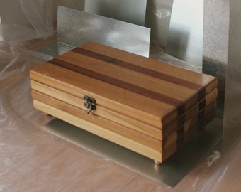 Hand Crafted Solid Wood Strip Segment Box With Carved Containment