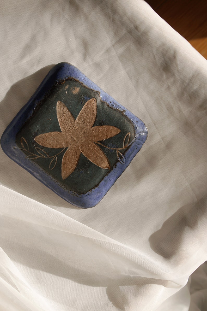 Handmade Ceramic Square Spiral Starburst Pattern Trinket Tray, Blue Stoneware Pottery image 5