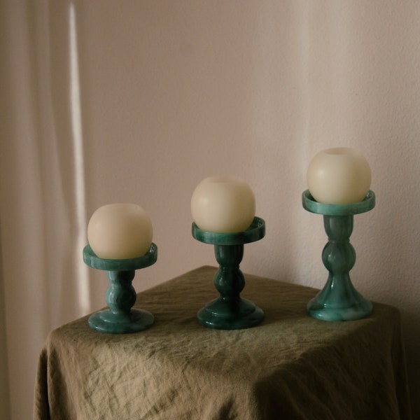 Faux Turquoise, Green and White Marble, Plastic, Tiered Pillar Candle Stands-  Set of 3