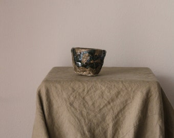 Handmade Ceramic Wonky Textured Bowl; Brown, Green Glaze Drip