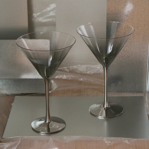 Modern Metallic Chrome Silver Ombre Martini Glasses; A Pair