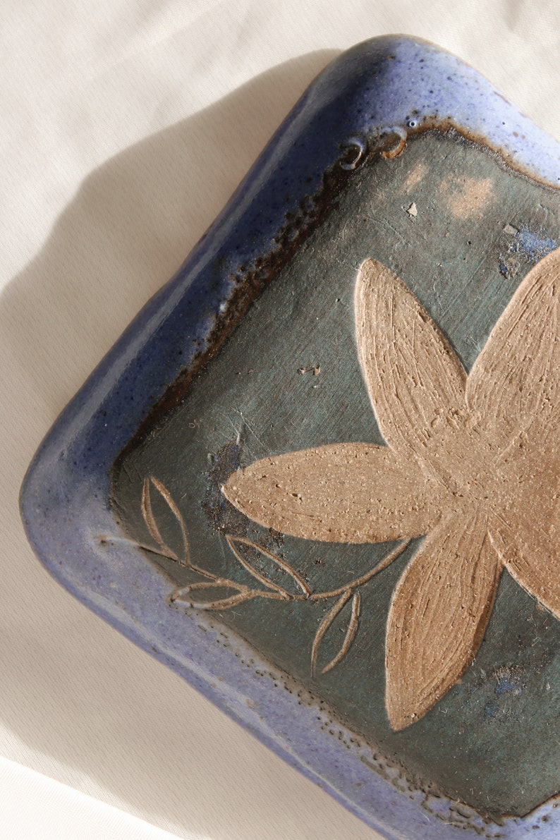 Handmade Ceramic Square Spiral Starburst Pattern Trinket Tray, Blue Stoneware Pottery image 6