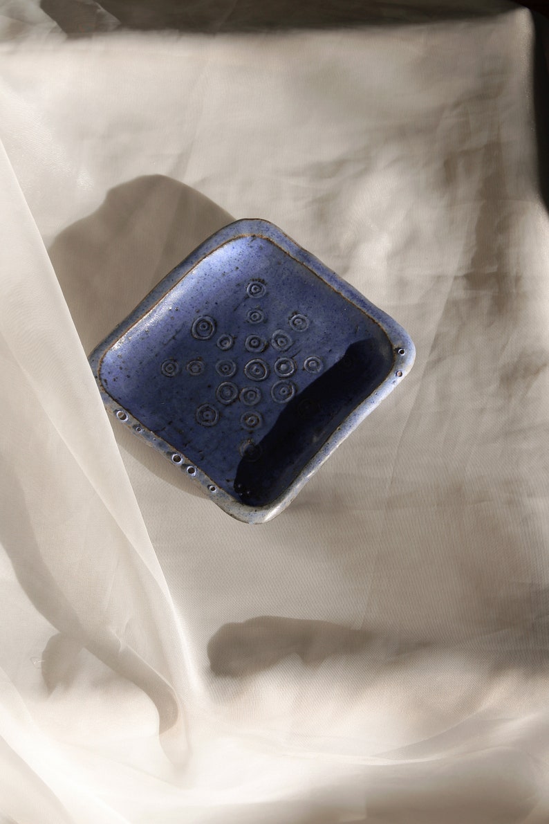 Handmade Ceramic Square Spiral Starburst Pattern Trinket Tray, Blue Stoneware Pottery image 3