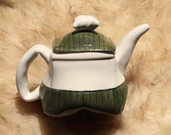 Nan Coffin Studio Ceramic Teapot | Shell Finial Green Pinstripe Lid | Gallery Artist | San Diego | Collectible Art Pottery