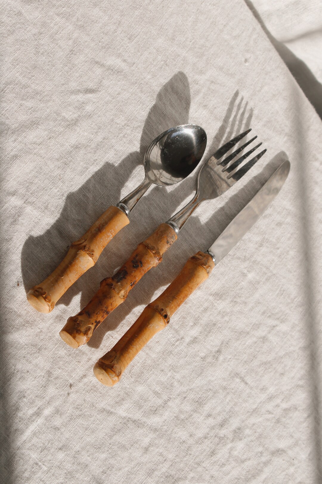 Vintage Set of Bamboo Handle Flatware, Cutlery 12 Pieces Etsy
