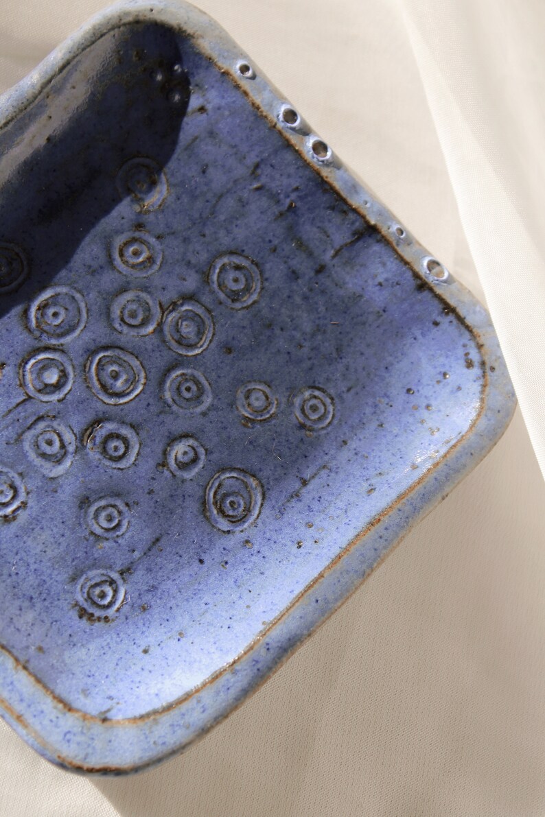 Handmade Ceramic Square Spiral Starburst Pattern Trinket Tray, Blue Stoneware Pottery image 4