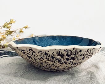 Blue Rutile on White Stoneware Handmade Pottery Bowl Distressed Textured Bottom Rustic Hand-Built Rustic Farmhouse Anissa Marie Pottery
