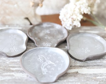 Spoon Rest - White Satin on Brown Stoneware Handmade Pottery Ceramic - Rustic Hand-Built Farmhouse Gift - Home Decor - Kitchen Bath Soap