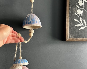 Handmade Ceramic Bell – Blue and Pink Indoor Hanging Bell with Stoneware Clay | Boho Artisian Bell Art | Clay Stories Home Decor