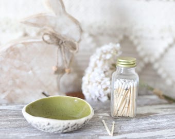 Speckled Olive on White Stoneware  Ceramic  Handmade Pottery Spa Soap Bowl Distressed Textured  Rustic Farmhouse Tea Bag Bowl - Snack Bowl