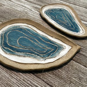Handbuilt MINI Oyster plate – Coastal Stoneware decorative plate Sgraffito Carving | Trinket Dish Lowcountry Inspired Coastal Art-Blue White