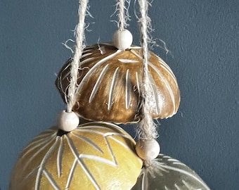 Handmade Ceramic Bell – Boho Avocado Green Gold Indoor Hanging Bell with Stoneware Clay | Boho Artisian Bell Art | Clay Stories Home Decor