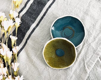 Speckled Olive & Teal Decorative Handmade Trinket Dish Hand Built Handmade Rustic Farmhouse Tea Bag Ring Jewelry Dish Anissa Craig Pottery