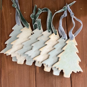 Handmade Ceramic Spring Tree Ornament – Blue Green White Easter Tree Decoration, Pottery Keepsake Velvet Ribbon French Country Cottage Core