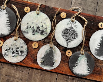 Handmade Ceramic Christmas Ornaments – Stoneware Rustic Glitter Holiday Decor | Charcoal Gray & White | Event | Wedding Ornaments Jute
