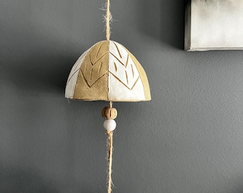 Handmade Ceramic Bell – White on Sandy Clay Indoor Hanging Bell with Stoneware Clay | Boho Bell Art | Clay Stories Home Decor