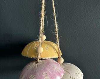 Handmade Ceramic Bell – Pink White and Yellow Indoor Hanging Bell with Stoneware Clay | Nursery Bell Art | Clay Stories Home Decor