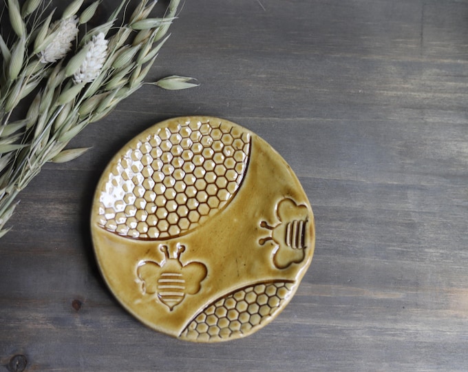 Featured listing image: Honey Bee Gold Decorative Handmade Appetizer Snack Trinket Dish Hand Built -Handmade Rustic Farmhouse Art Bowl Artisan Anissa Craig Pottery
